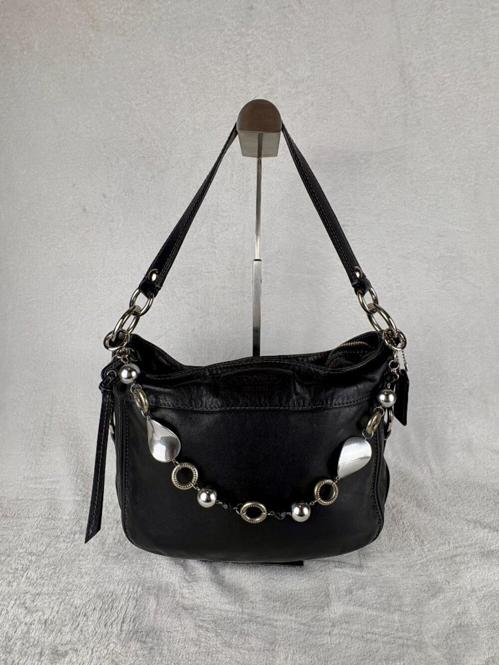 Coach Zoe Hobo in Black Soft Milled Pebble Leather with Chain